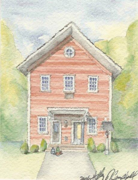 Sketch of the Little Red Schoolhouse, a historic one room schoolhouse in Wrentham, MA